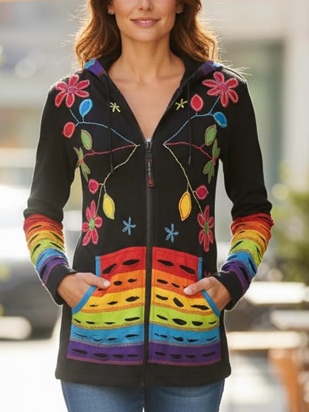 Hippie Boho Women's Black Zip Hoodie Sweater with Rainbow Floral Embroidery